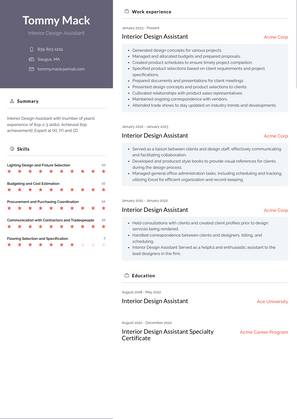 Interior Design Assistant Resume Sample and Template