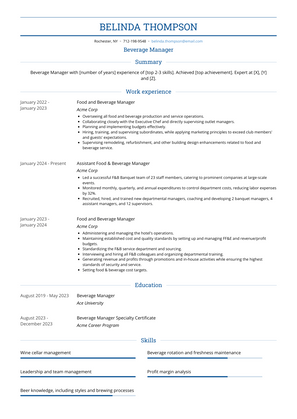 Beverage Manager Resume Sample and Template