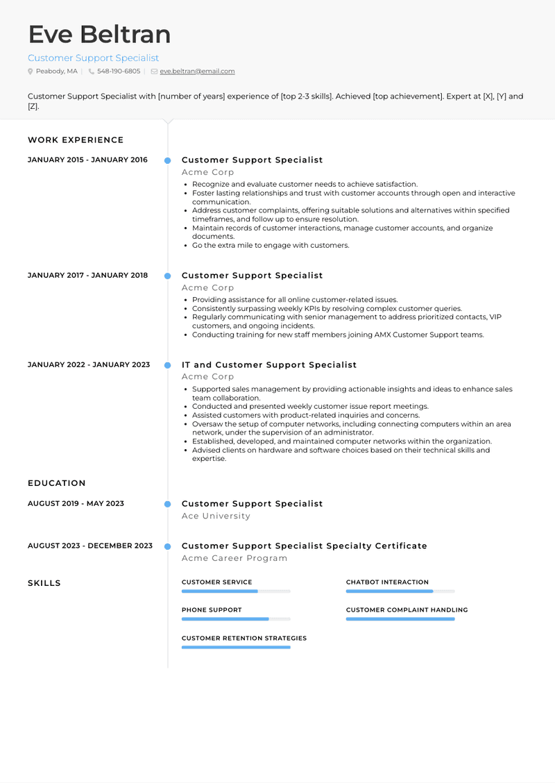 Customer Support Specialist Resume Sample and Template