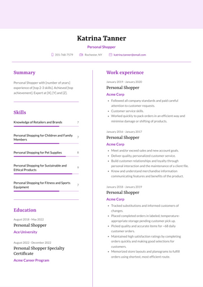 Personal Shopper Resume Sample and Template