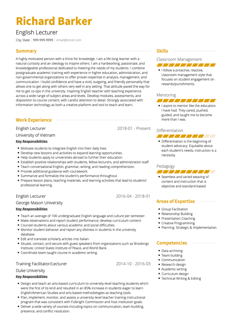 resume samples for engineering lecturer