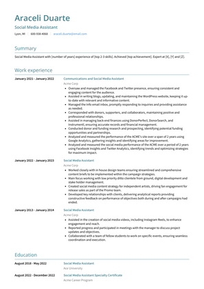 Social Media Assistant Resume Sample and Template