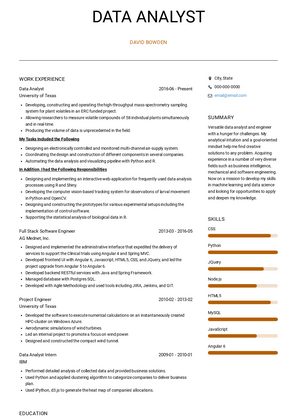 Data Analyst and Prototype Engineer Resume Sample and Template