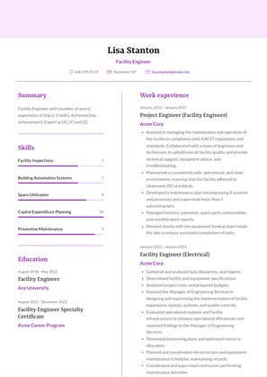Facility Engineer Resume Sample and Template