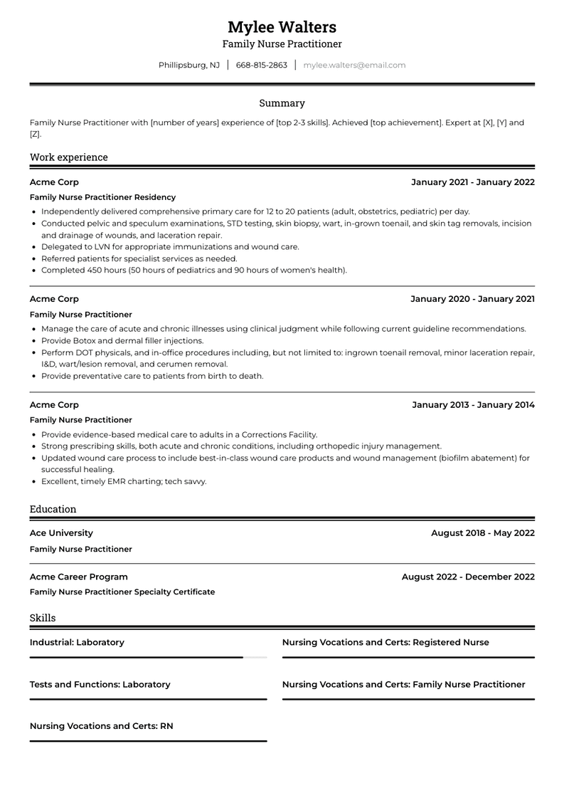 Family Nurse Practitioner Resume Sample and Template