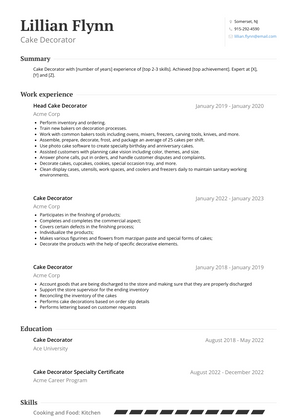 Cake Decorator Resume Sample and Template