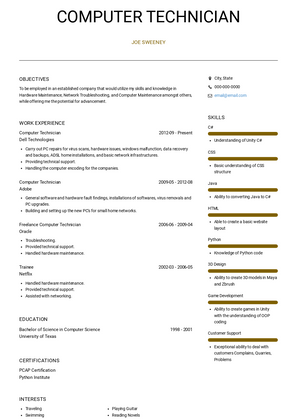 Computer Technician Resume Sample and Template