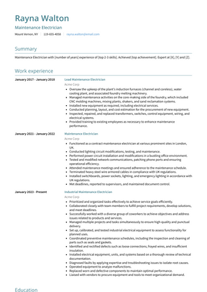 Maintenance Electrician Resume Sample and Template