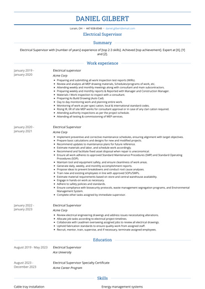Electrical Supervisor Resume Sample and Template