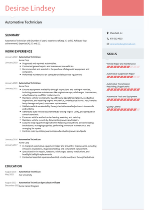 Automotive Technician Resume Sample and Template