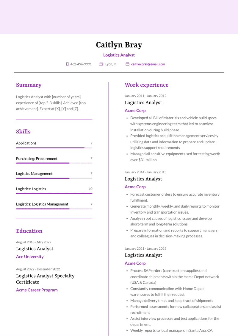 Logistics Analyst Resume Sample and Template