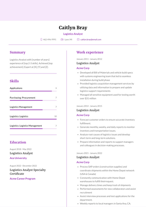 Logistics Analyst Resume Sample and Template