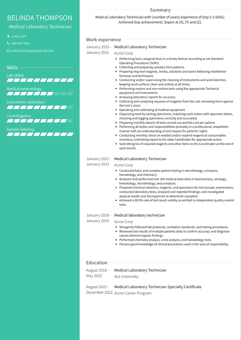 Medical Laboratory Technician Resume Sample and Template