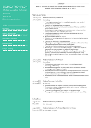 Medical Laboratory Technician Resume Sample and Template