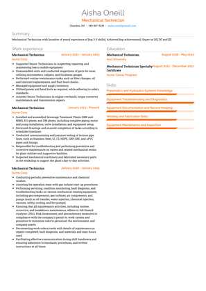 Mechanical Technician Resume Sample and Template