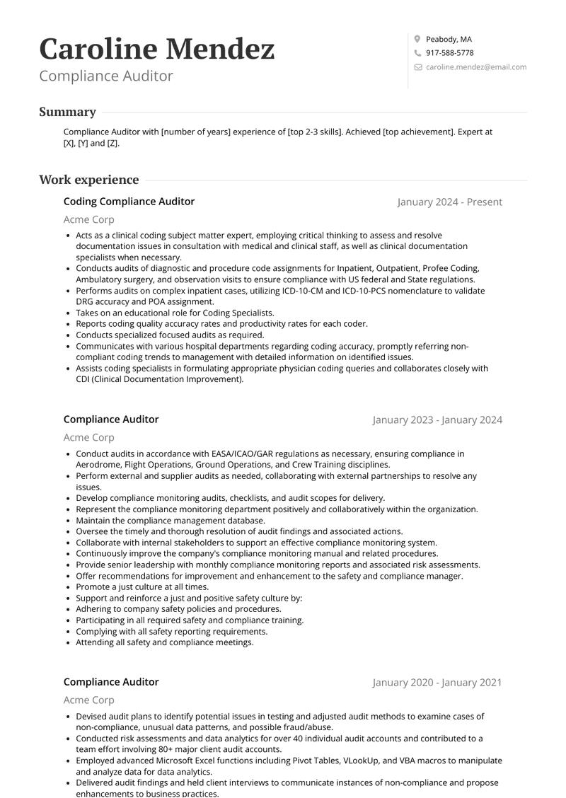 Compliance Auditor Resume Sample and Template