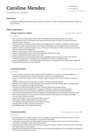 Compliance Auditor Resume Sample and Template