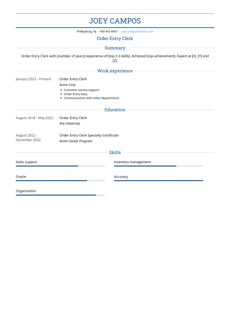 Order Entry Clerk Resume Sample and Template
