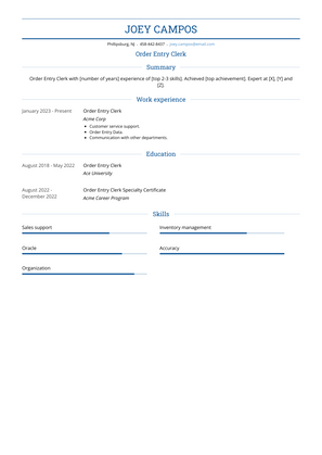 Order Entry Clerk Resume Sample and Template