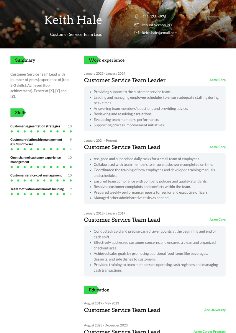 Customer Service Team Lead Resume Sample and Template