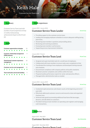 Customer Service Team Lead Resume Sample and Template