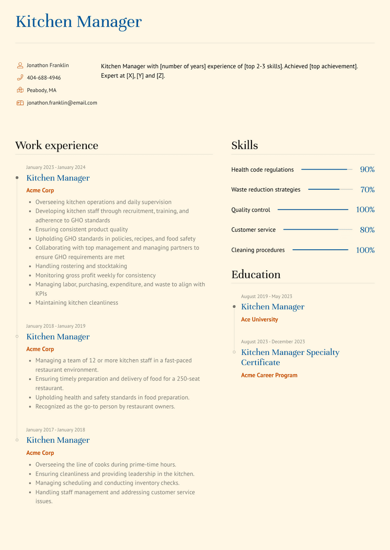 Kitchen Manager Resume Sample and Template