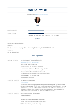 Dance Instructor/ Social Media Admin Resume Sample and Template