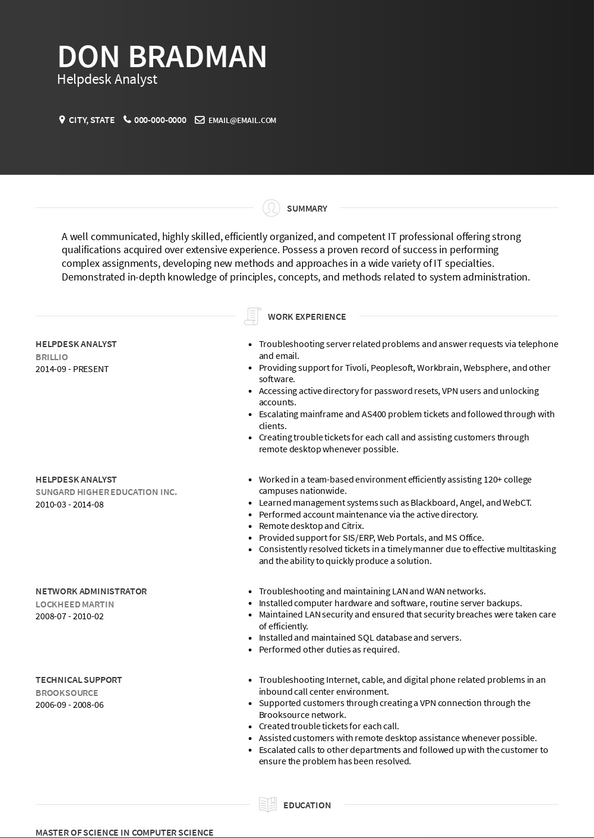resume for help desk analyst