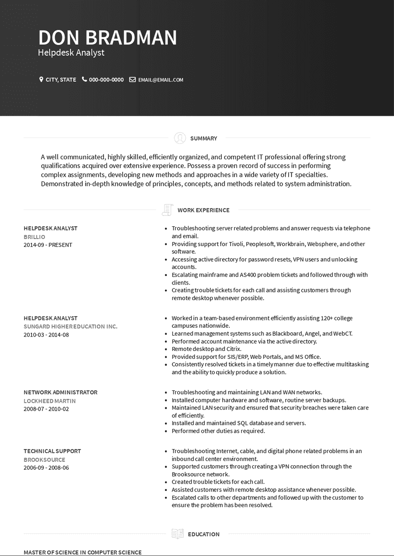 Helpdesk Analyst Resume Sample and Template