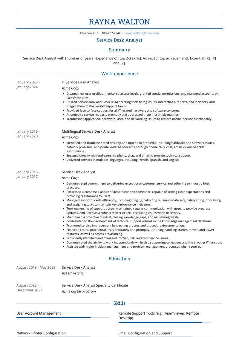 Service Desk Analyst Resume Sample and Template