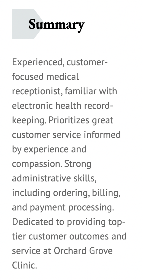 medical receptionist resume summary