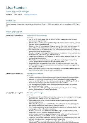 Talent Acquisition Manager Resume Sample and Template