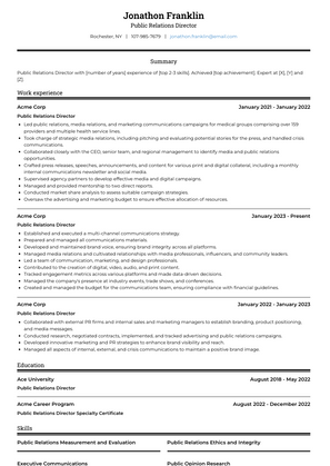 Public Relations Director Resume Sample and Template