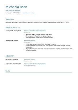 Warehouse Selector Resume Sample and Template