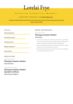 Planning Committee Member Resume Sample and Template