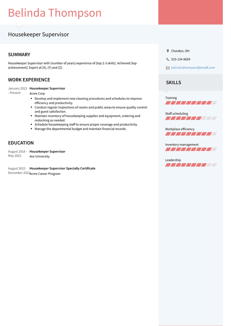 Housekeeper Supervisor Resume Sample and Template