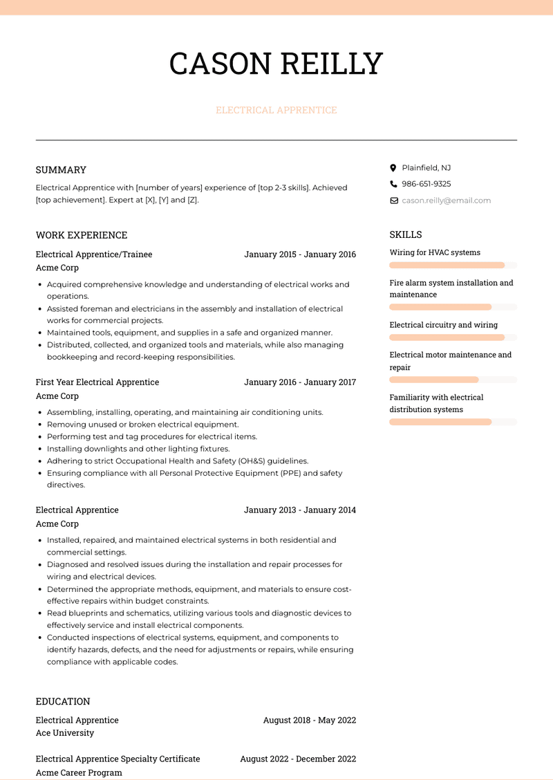 Electrical Apprentice Resume Sample and Template