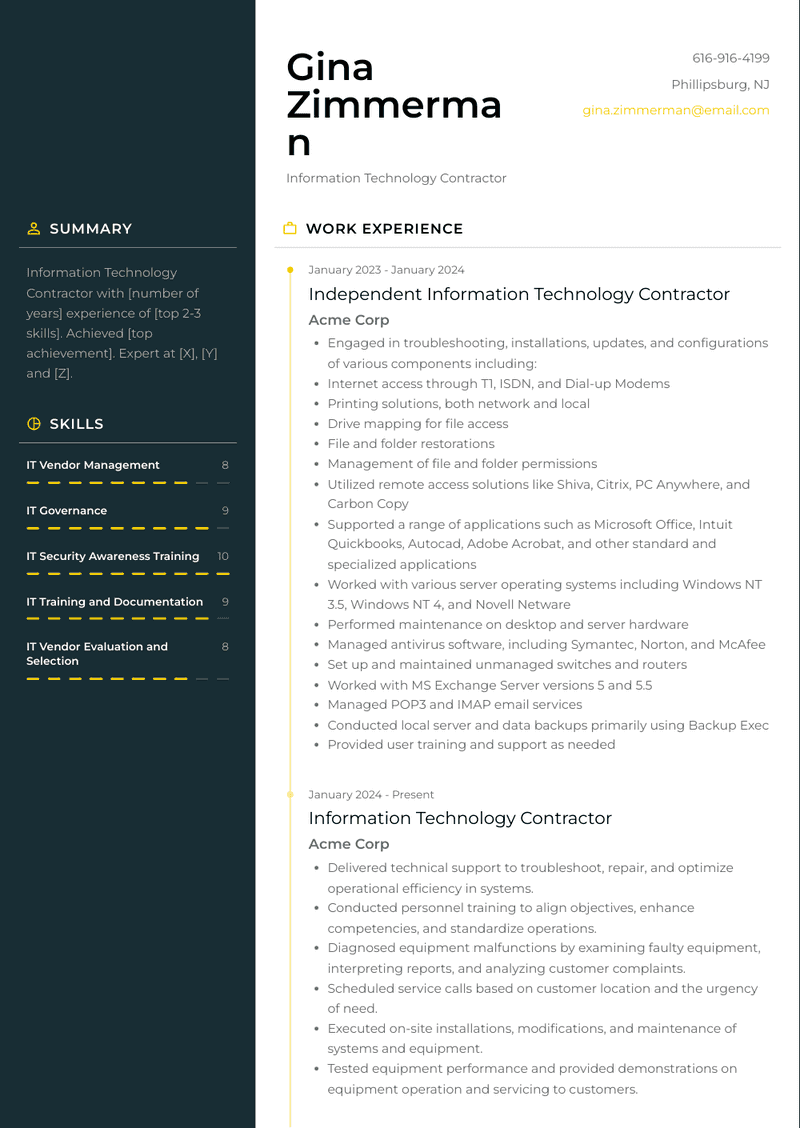 Information Technology Contractor Resume Sample and Template