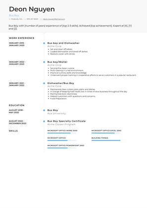 Bus Boy Resume Sample and Template