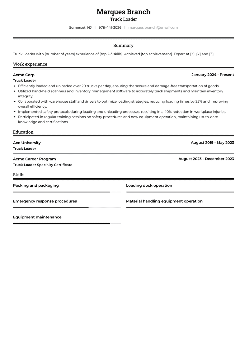 Truck Loader Resume Sample and Template