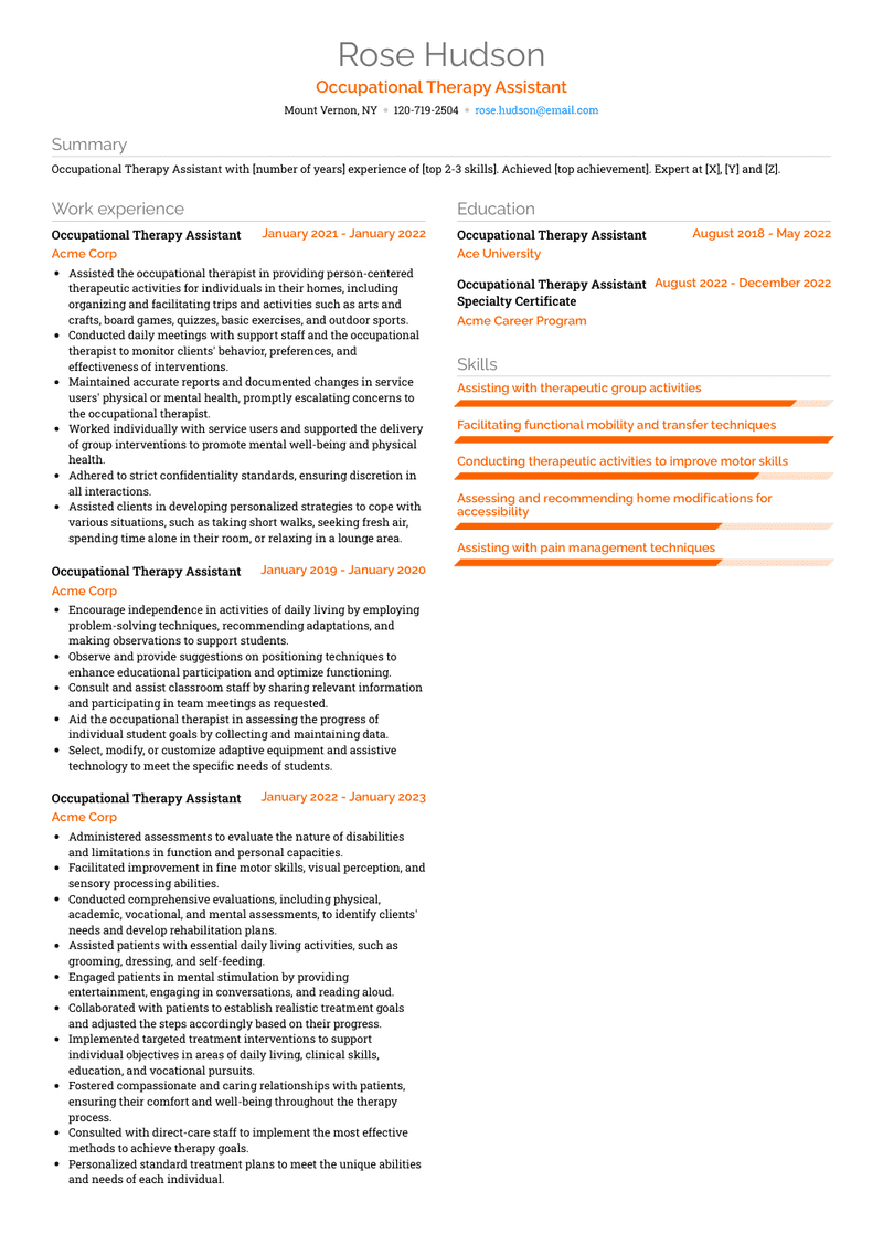Occupational Therapy Assistant Resume Sample and Template