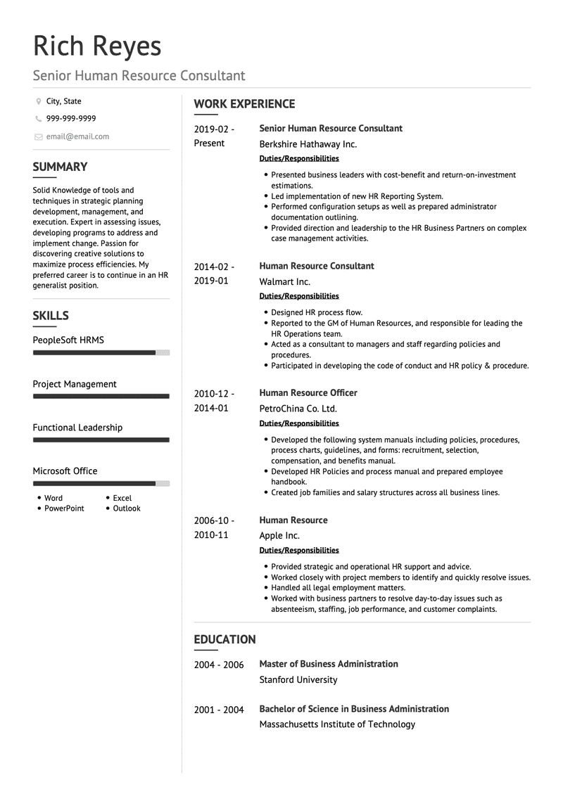 Human Resources Consultant CV Example and Template