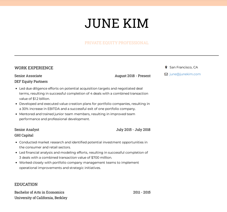 Private Equity Resume Example One