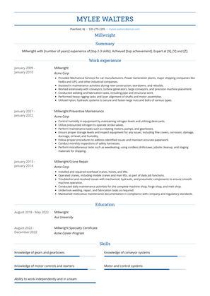 Millwright Resume Sample and Template