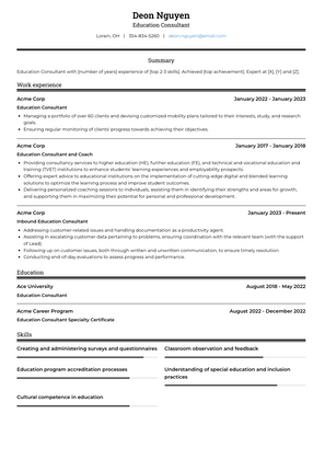 Education Consultant Resume Sample and Template