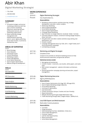 Digital Marketing Strategist Resume Sample and Template