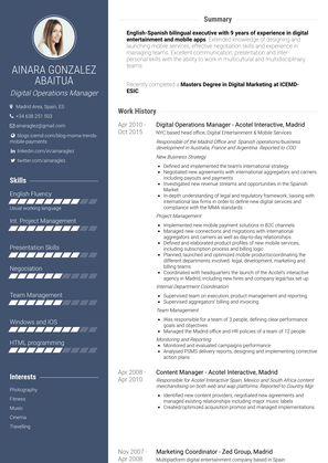 Digital Operations Manager    Acotel Interactive, Madrid Resume Sample and Template