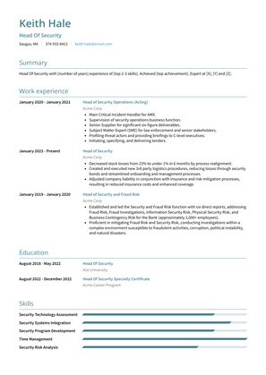 Head Of Security Resume Sample and Template