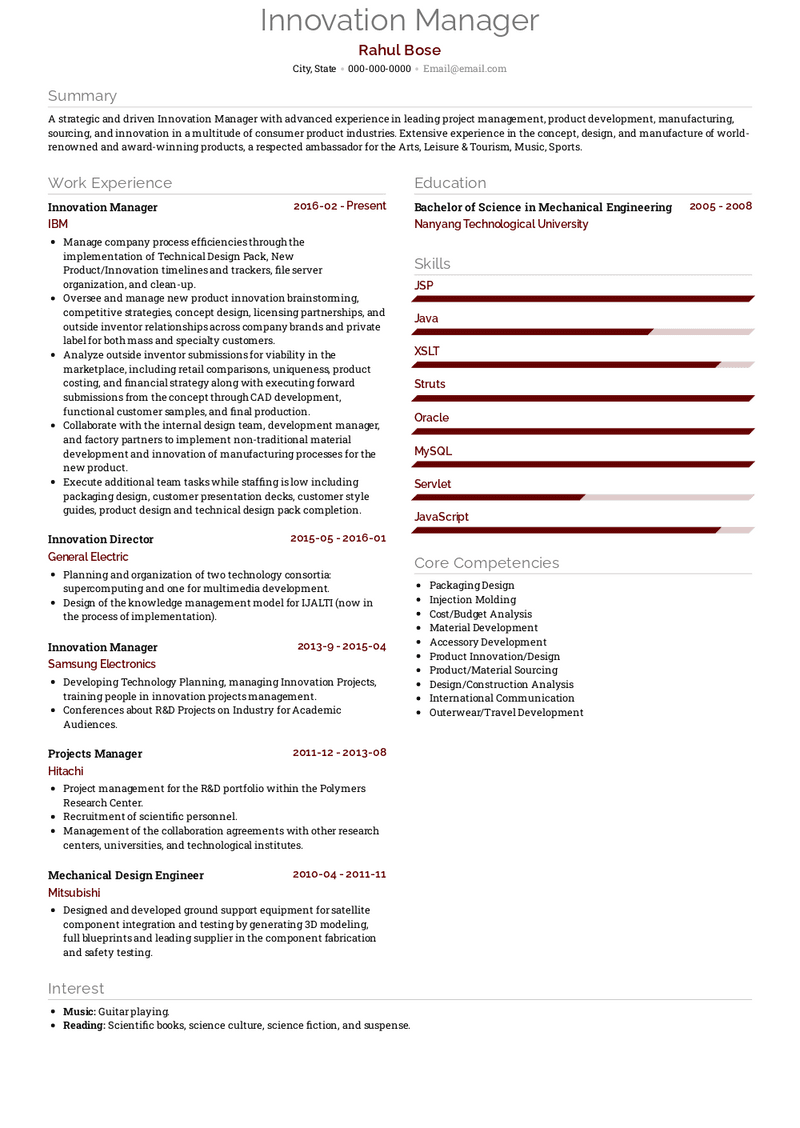 Innovation Manager Resume Sample and Template