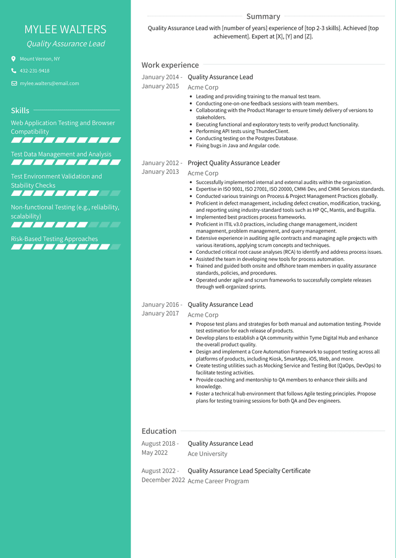 Quality Assurance Lead Resume Sample and Template